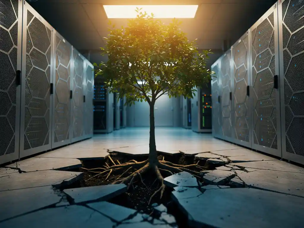 Jonge boom met zichtbare wortels die door gebarsten betonvloer groeien in een serverruimte met PCM-koelpanelen en warm amberkleurig licht.
