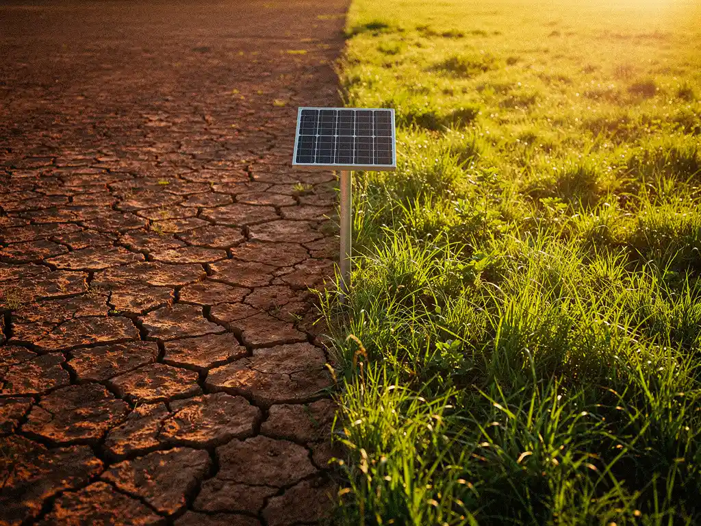 Gebarsten droge aarde die overgaat in weelderig groen gras, met een zonnepaneel op de grens verlicht door gouden avondzon.