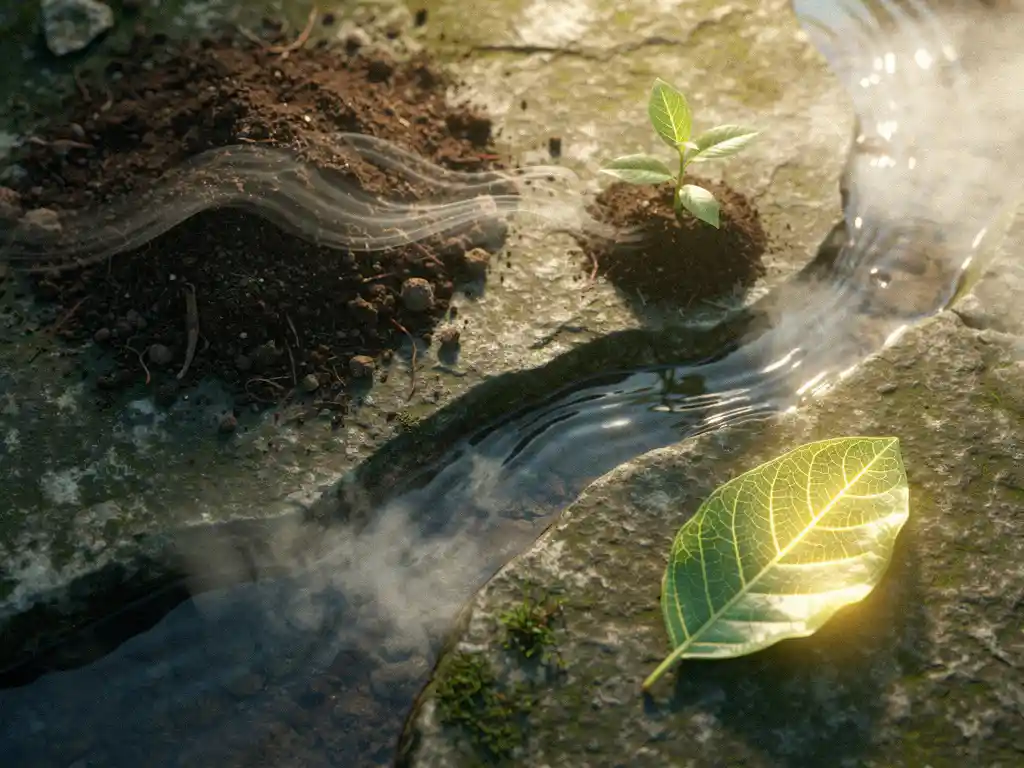 Vijf ecosysteemelementen op verweerde steen: bodem, groen zaailing, water, lucht en zonverlicht blad in zacht ochtendlicht.
