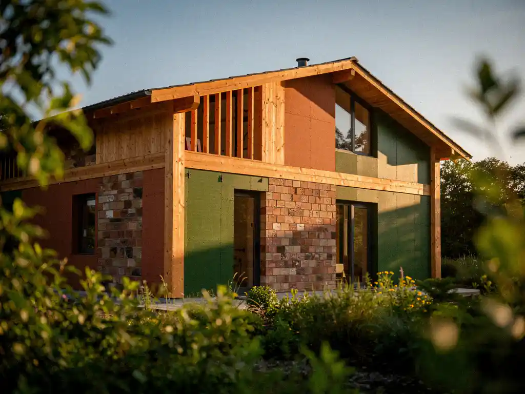 Duurzaam gebouw in aanbouw met natuurlijk hout, gerecycleerde baksteen en geïsoleerde panelen, omgeven door weelderig groen onder blauwe lucht.