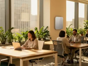 Lichte, open kantoorruimte met houten bureaus, groene planten op vensterbanken en een energiepaneel aan de muur in ochtendzon.
