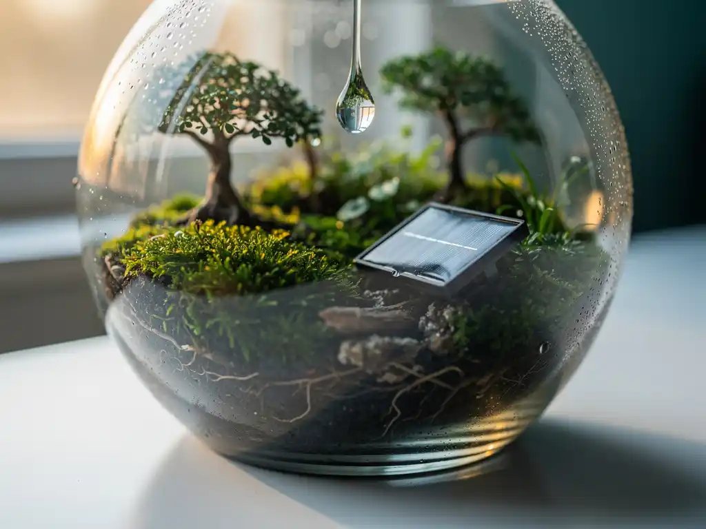 Glazen terrarium met weelderig mos, miniatuurbomen, zonnepaneel en vallende waterdruppel in warm gouden licht.