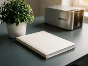 Duurzaamheidsrapport op gerecycled papier naast een groene plant op een modern bureau, met een PCM-koeleenheid op de achtergrond.