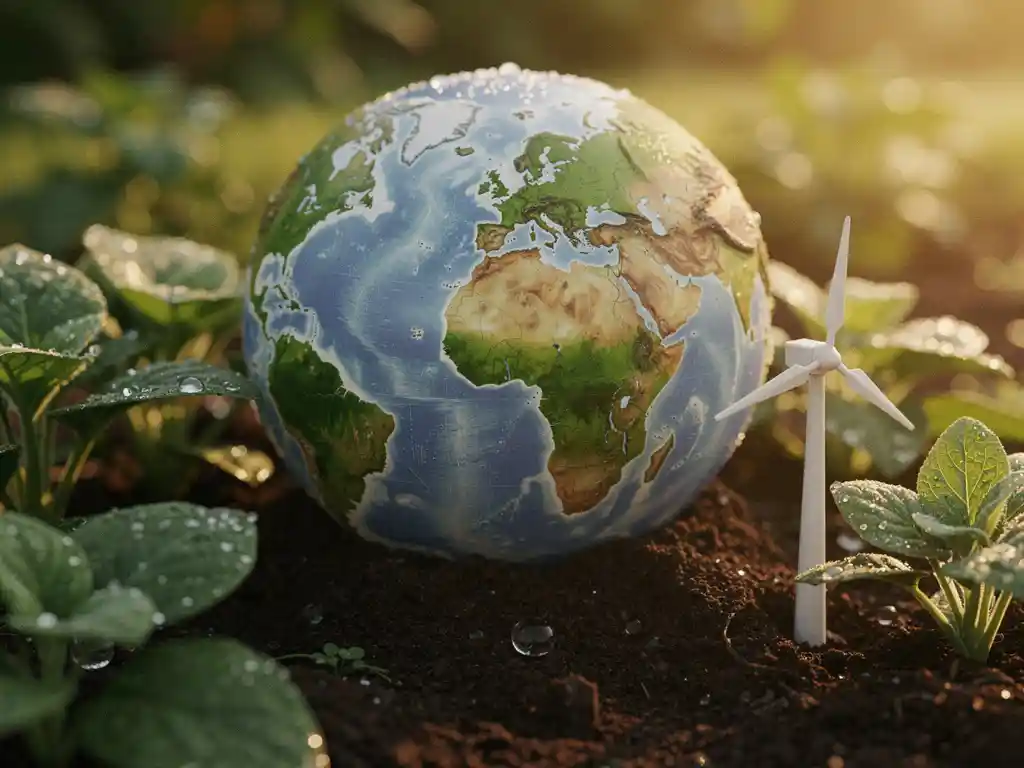 Groene wereldbol op vruchtbare donkere aarde, omringd door planten, waterdruppels en een miniatuur windturbine in warm ochtendlicht.