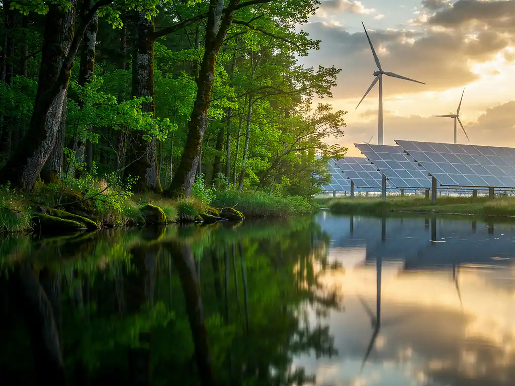 Weelderig groen bos dat overloopt in windturbines en zonnepanelen, weerspiegeld in stil water met gouden wolkenlicht.