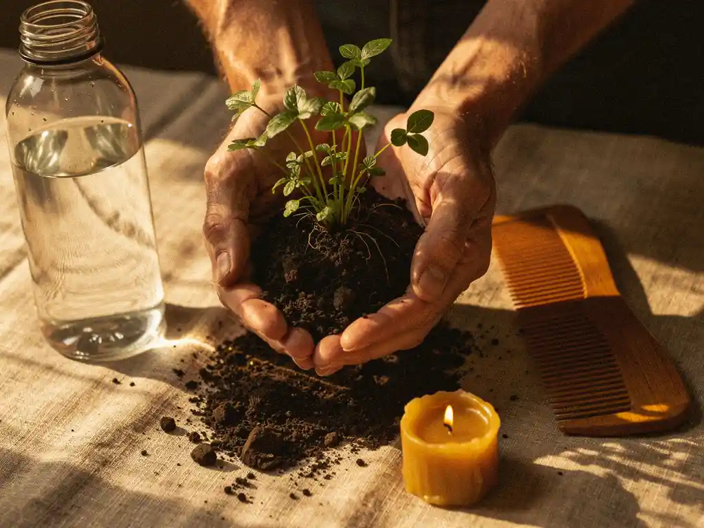 Verweerde handen houden een kleine groene plant boven donkere aarde, omringd door glazen fles, houten kam en bijenwaskaars op linnen ondergrond.