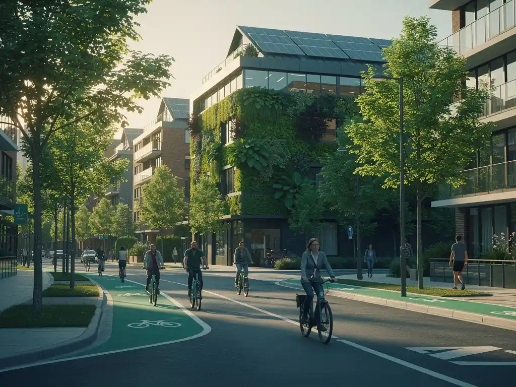 Groene stadswijk met fietsers op boomrijke straat, zonnepanelen op daken en verticale tuinmuur op energiezuinig gebouw.