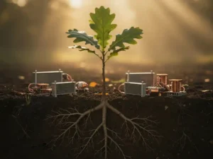 Jonge eikenboom met zichtbare drievoudige wortels in donkere aarde, omringd door koperen energiecomponenten en koelpanelen in goudkleurig ochtendlicht.