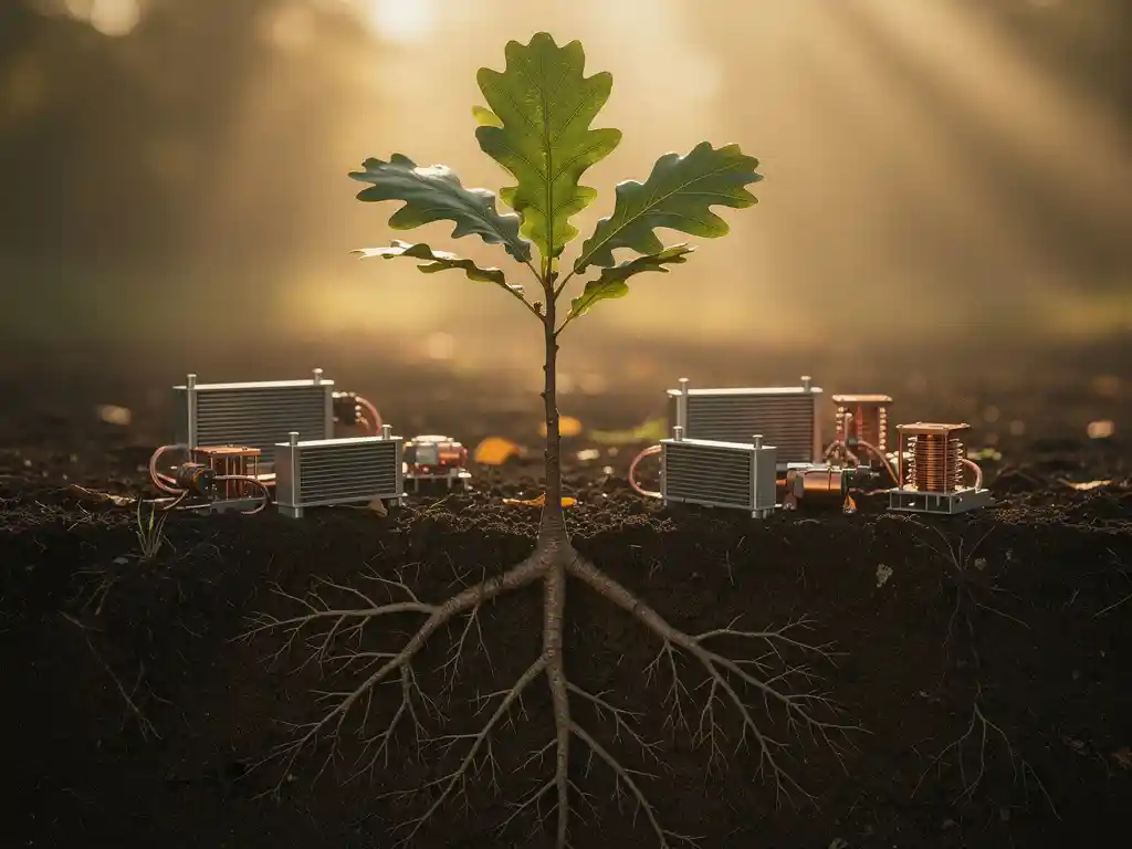 Jonge eikenboom met zichtbare drievoudige wortels in donkere aarde, omringd door koperen energiecomponenten en koelpanelen in goudkleurig ochtendlicht.