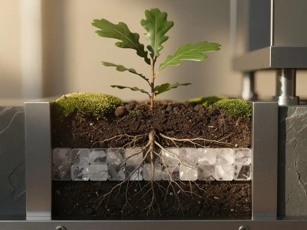 Jonge eikenzaailing in donkere aarde met wortels verweven door kristallijne zouthydraatpanelen, omgeven door mos en industriële materialen.