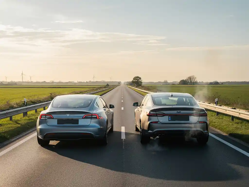 Elektrische auto en benzineauto naast elkaar op Nederlandse snelweg, uitlaatgassen zichtbaar bij één voertuig, groene weilanden op achtergrond.