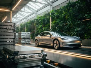 Glanzende elektrische auto op een duurzame assemblagelijn, omgeven door groene plantenwanden en gerecyclede aluminiumpanelen in natuurlijk daglicht.