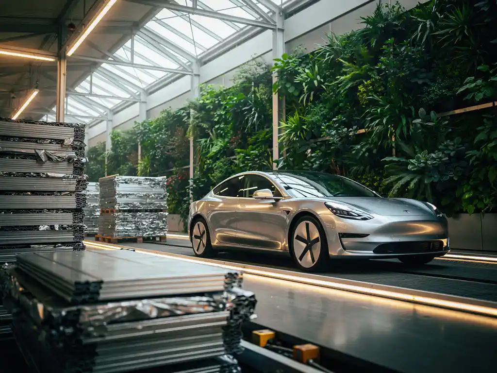 Glanzende elektrische auto op een duurzame assemblagelijn, omgeven door groene plantenwanden en gerecyclede aluminiumpanelen in natuurlijk daglicht.