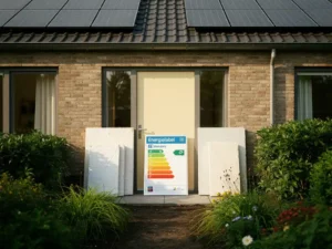 Moderne Nederlandse woning met energielabel, zonnepanelen op het dak en isolatiepanelen, omgeven door een groene tuin.