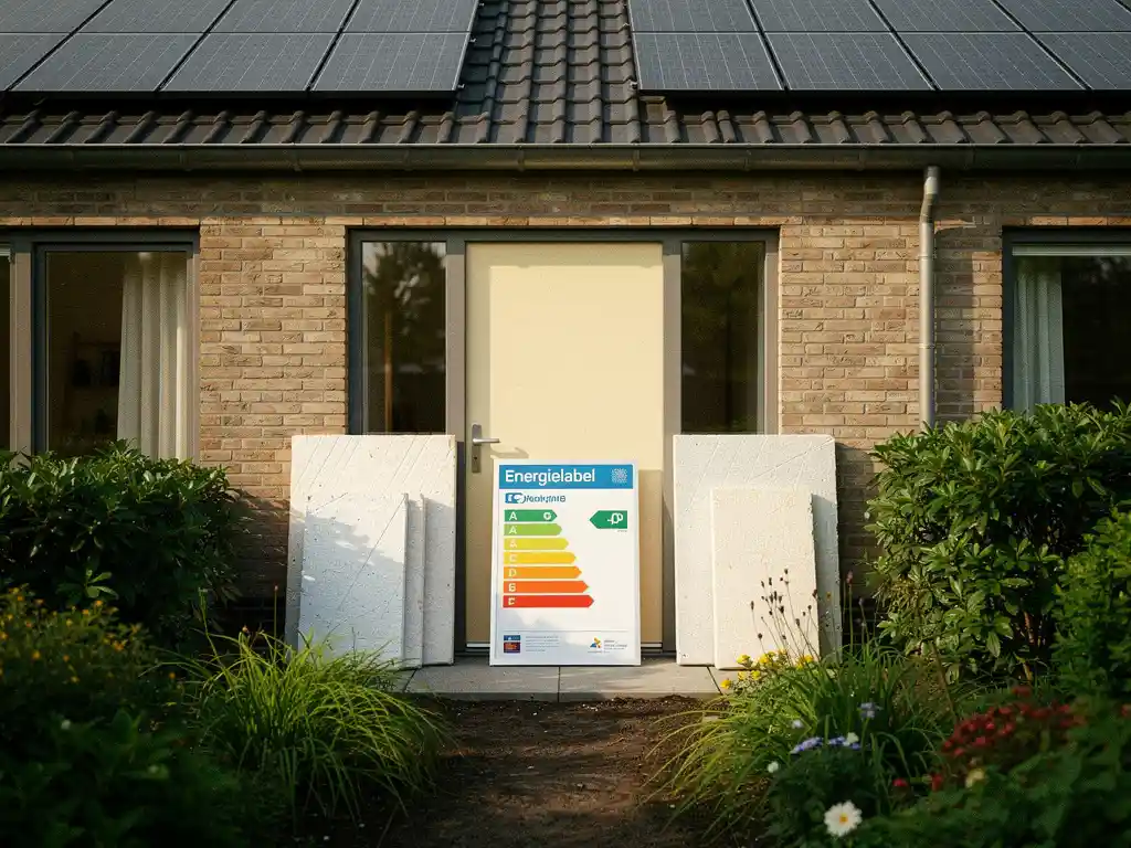 Moderne Nederlandse woning met energielabel, zonnepanelen op het dak en isolatiepanelen, omgeven door een groene tuin.