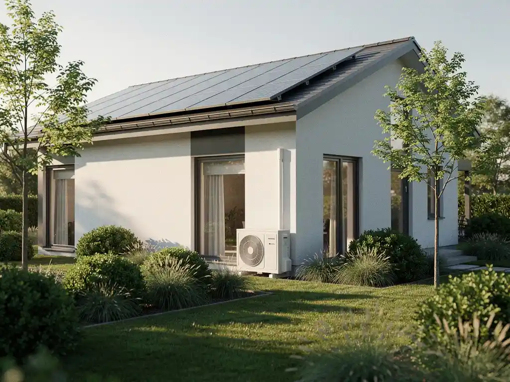 Energiezuinige nieuwbouwwoning met zonnepanelen op het dak en warmtepomp, omgeven door weelderig groen in middagzon.