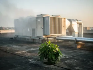 Industriële HVAC-unit op fabrieksrooftop met uitlaatdamp, naast een groen plantje dat door gebarsten beton groeit.