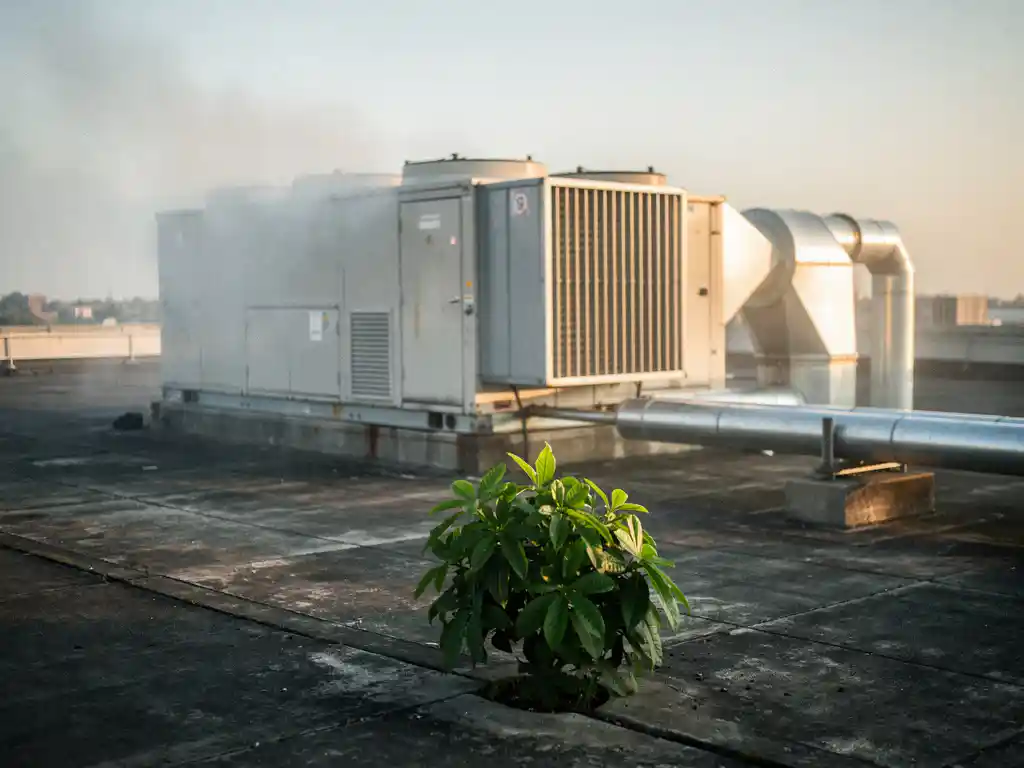 Industriële HVAC-unit op fabrieksrooftop met uitlaatdamp, naast een groen plantje dat door gebarsten beton groeit.