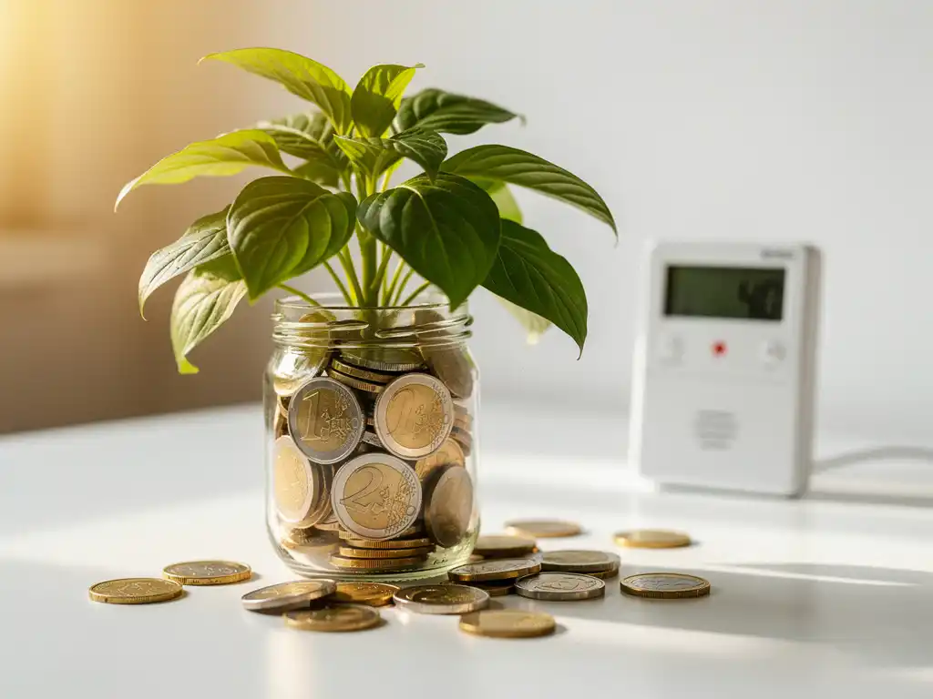 Groene plant groeit uit glazen pot vol euromunten op wit bureau, energiemeter op achtergrond, symbool voor energiebesparing.