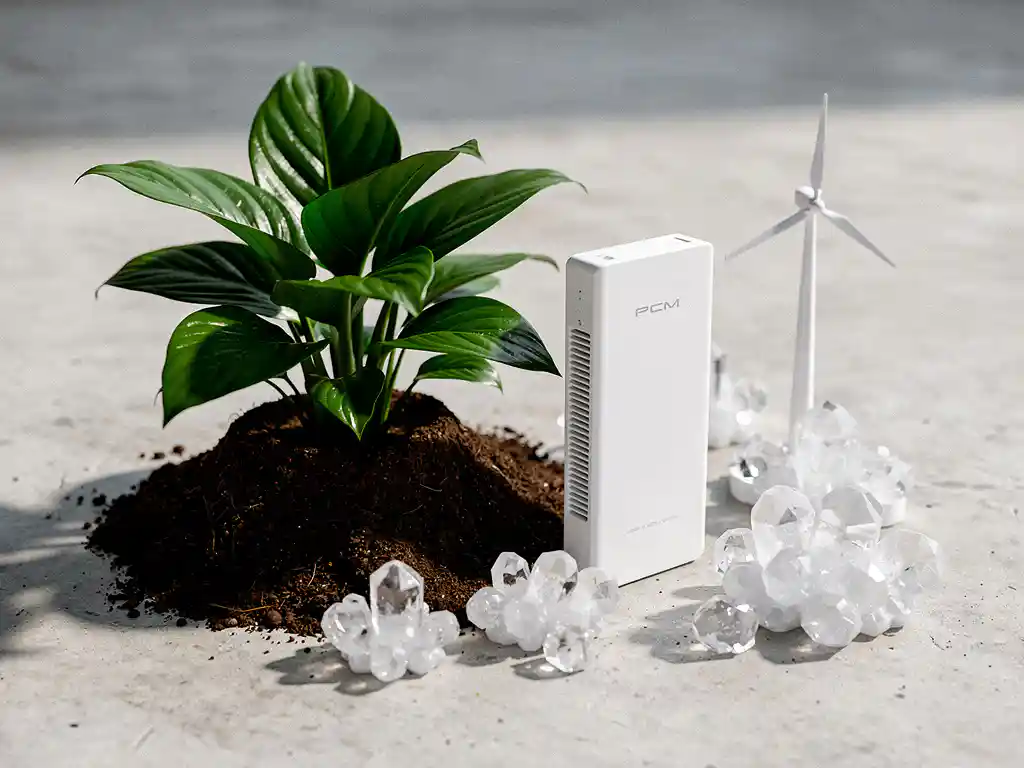 Groene plant groeit uit donkere aarde naast een wit PCM-koelpaneel, omringd door zoutkristallen en een miniatuur windturbine op beton.