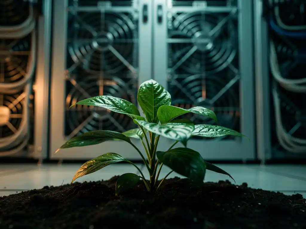 Groene plant groeit uit vruchtbare aarde in een serverruimte met PCM-koelpanelen op de achtergrond.
