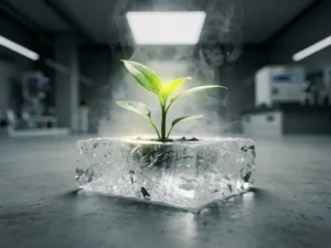 Gloeiend groen zaailing ontkiemt uit een kristallijn zouthydraatpaneel, omgeven door koele mist in een moderne technische faciliteit.