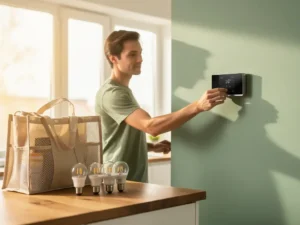 Huurder stelt slimme thermostaat in op muur, met LED-lampen en herbruikbare tassen op houten keukenblad in zonlicht.