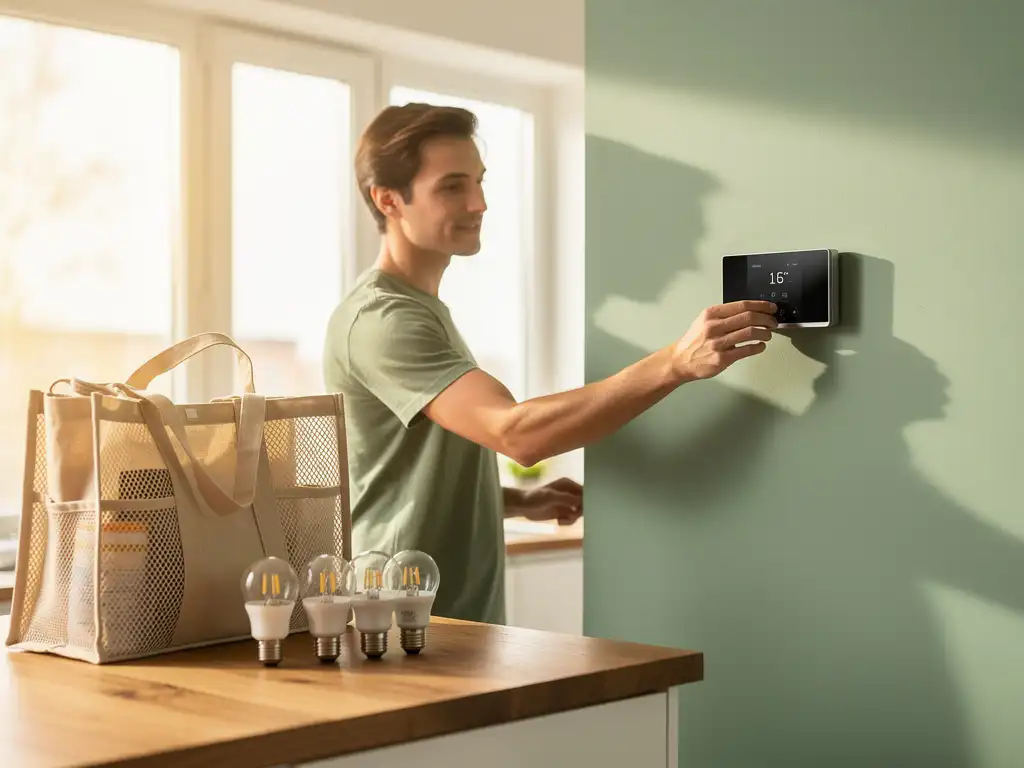 Huurder stelt slimme thermostaat in op muur, met LED-lampen en herbruikbare tassen op houten keukenblad in zonlicht.