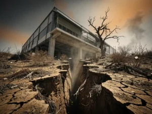 Industrieel gebouw kantelt op droge, gebarsten aarde met dode vegetatie en een verwelkte boom tegen een nevelige oranjegrijze lucht.