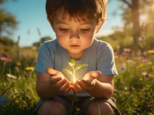 Kind knielt in groene weide en houdt voorzichtig een gloeiend plantenzaadje vast in gouden middagzon.
