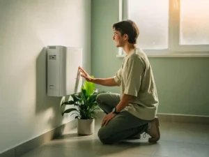 Ondernemer naast een compacte witte koelunit in een kantoorruimte, met groene plant en warm natuurlijk licht.