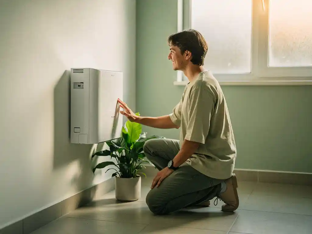 Ondernemer naast een compacte witte koelunit in een kantoorruimte, met groene plant en warm natuurlijk licht.