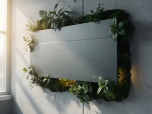 PCM-koelpaneel op industriële wand omgeven door weelderig groen mos en kleine planten, harmonie tussen technologie en natuur.