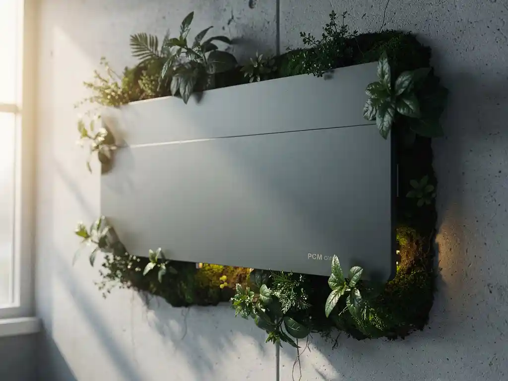 PCM-koelpaneel op industriële wand omgeven door weelderig groen mos en kleine planten, harmonie tussen technologie en natuur.