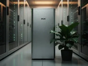 PCM-koeleenheid in moderne serverruimte met glanzende apparatuurrekken en een groene plant als symbool voor duurzaamheid.
