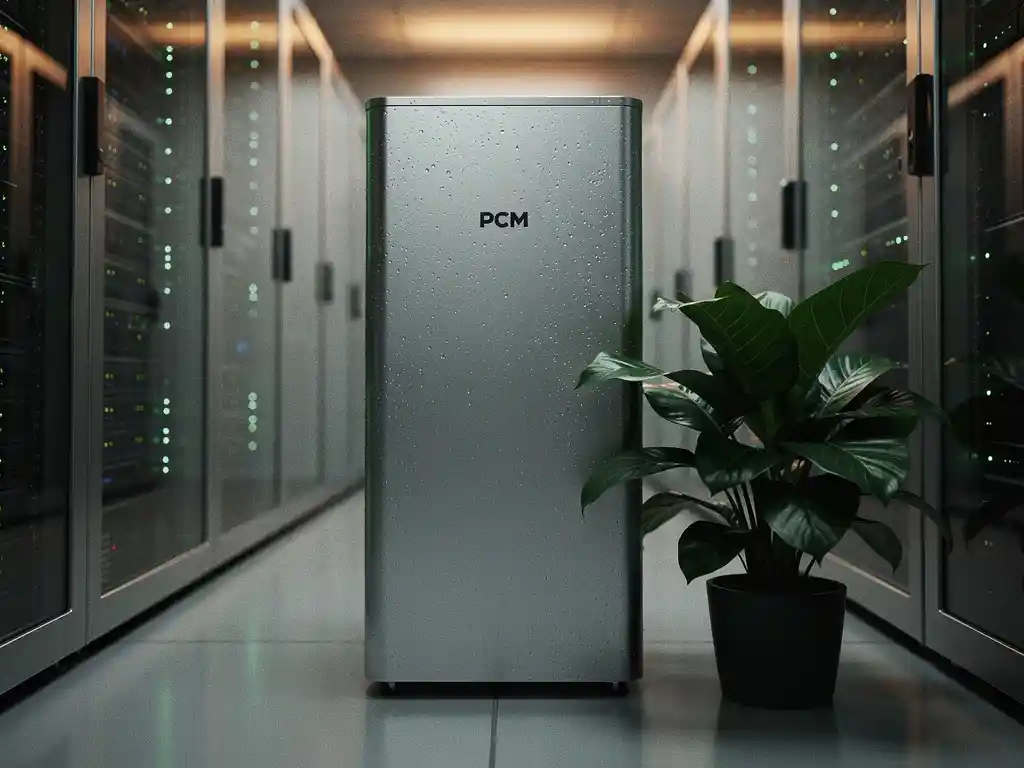 PCM-koeleenheid in moderne serverruimte met glanzende apparatuurrekken en een groene plant als symbool voor duurzaamheid.