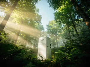 PCM-koeleenheid tussen weelderig groen bos met ochtendmist en goudkleurig zonlicht door de bladeren.