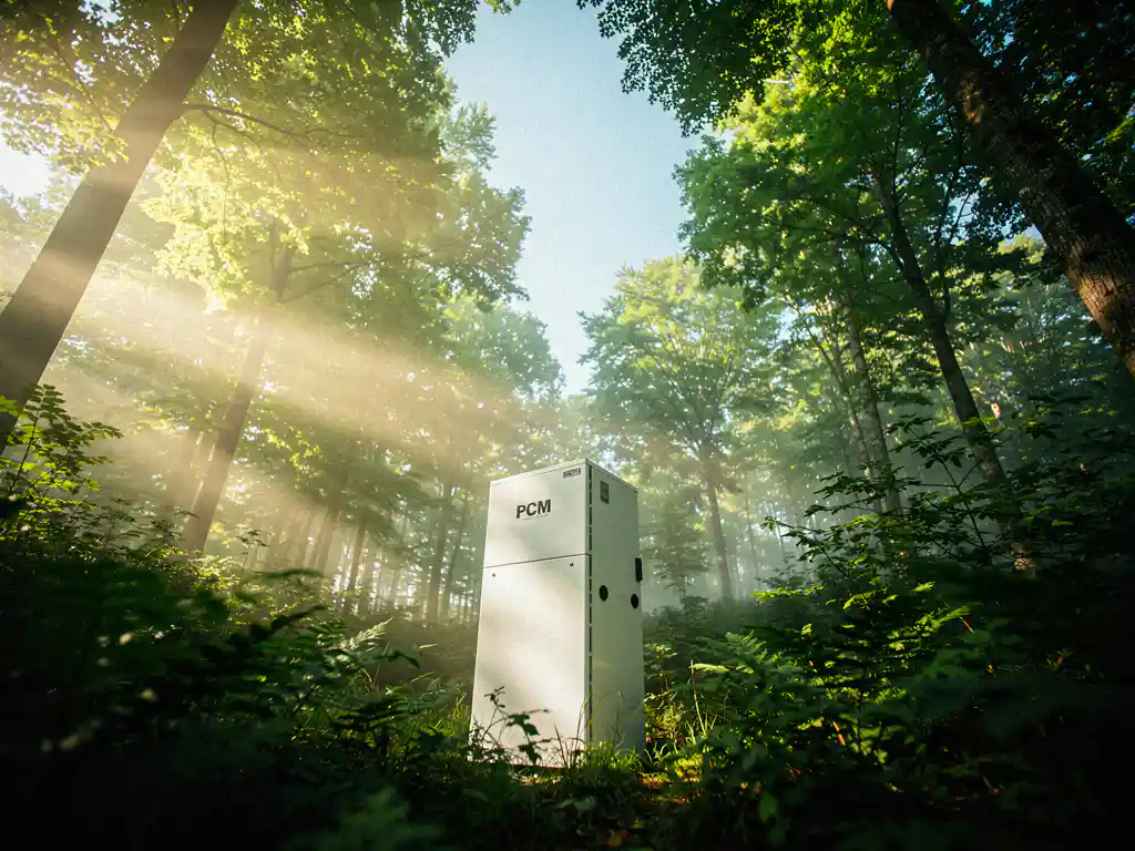 PCM-koeleenheid tussen weelderig groen bos met ochtendmist en goudkleurig zonlicht door de bladeren.