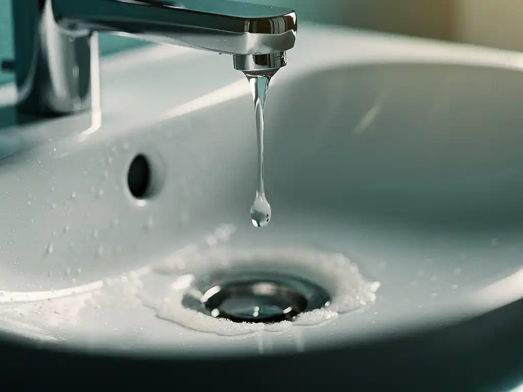 Lekkende chromen kraan met druppel water boven witte wastafel, mineraalafzetting rond afvoer, moderne badkamer.