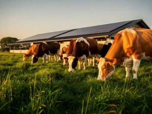 Melkkoeien grazen op weelderig groen weiland bij gouden avondlicht, met een moderne schuur met zonnepanelen op de achtergrond.