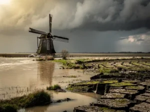 Halfondergelopen Nederlandse poldermolen in overstroomd landschap met gebarsten droge grond en dreigende stormlucht.