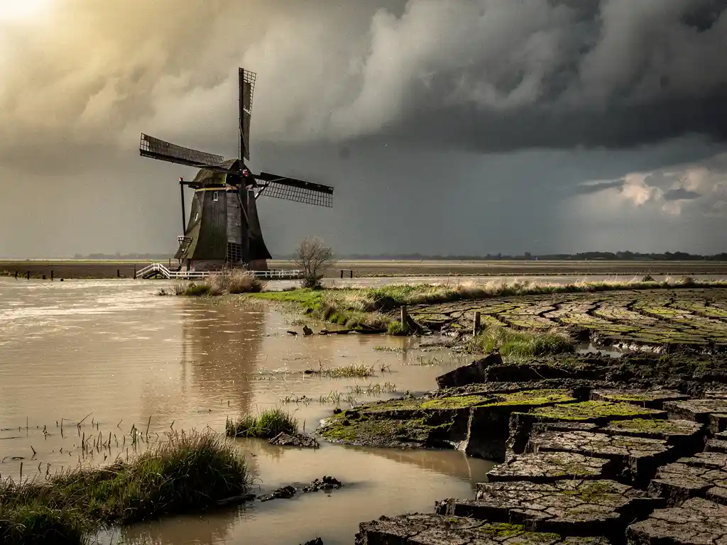 Halfondergelopen Nederlandse poldermolen in overstroomd landschap met gebarsten droge grond en dreigende stormlucht.