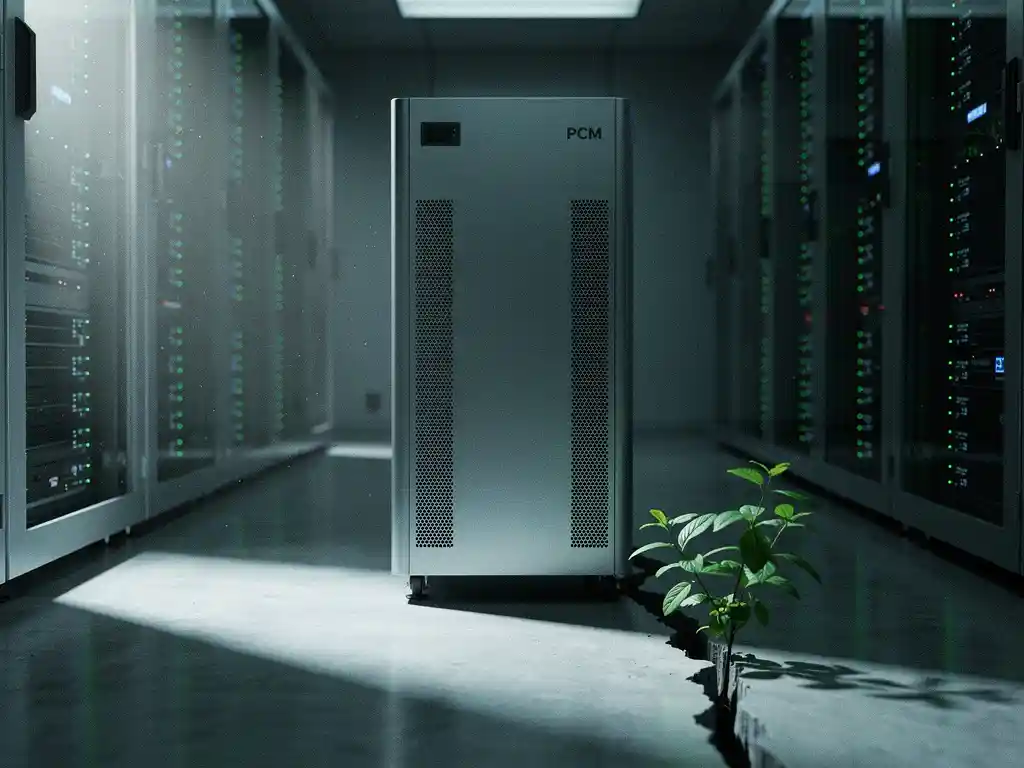 PCM-koeleenheid in een moderne serverruimte met lichtgevende serverracks en een groene plant op de betonvloer.