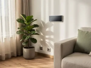 PCM-koelpaneel op witte muur in compacte woonkamer met potplant, linnen gordijnen en duurzaam interieur in crème en saliegroen.