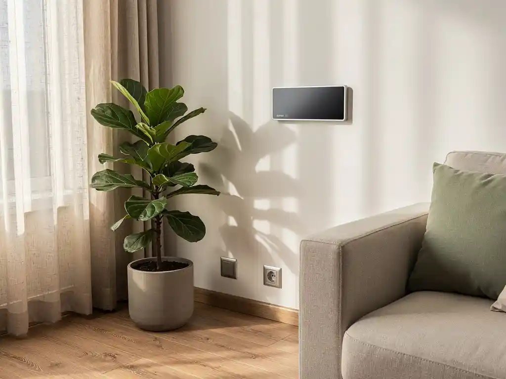 PCM-koelpaneel op witte muur in compacte woonkamer met potplant, linnen gordijnen en duurzaam interieur in crème en saliegroen.