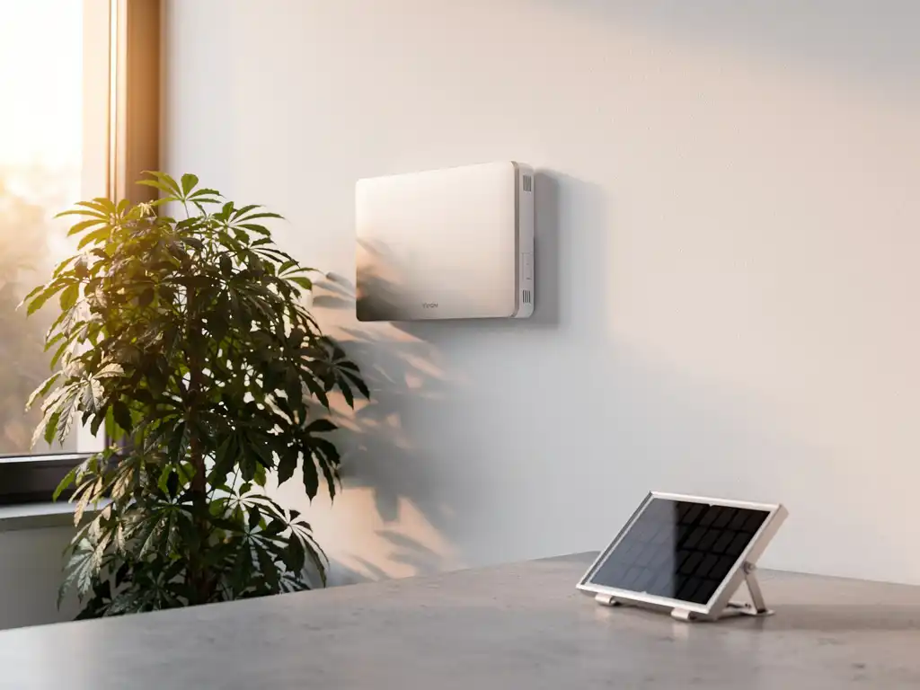 PCM-koelpaneel op witte muur naast groene plant, zonnepaneel op betonnen oppervlak, warm natuurlijk daglicht.