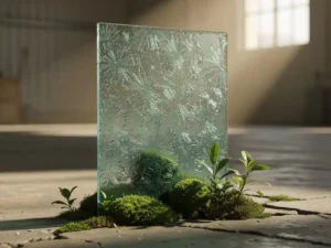 PCM-koelpaneel met kristallijne zouthydraten, bevroren condensatie op het oppervlak, omgeven door mos en planten in industriële ruimte.