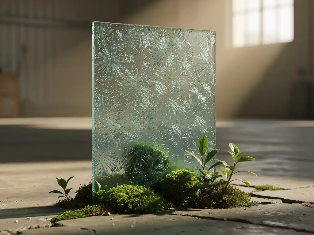 PCM-koelpaneel met kristallijne zouthydraten, bevroren condensatie op het oppervlak, omgeven door mos en planten in industriële ruimte.