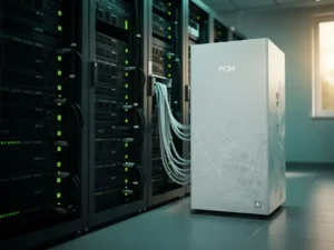 Serverruimte met zwarte apparatuurrekken en een witte PCM-koeleenheid met condensatie, verlicht door groene indicatielampjes.