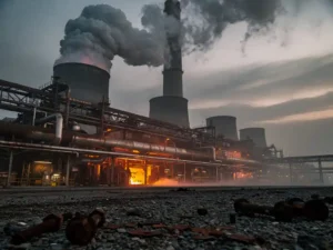 Industriële schoorsteen met dichte rookpluimen boven staalraffinaderij bij schemering, oranje gloed op roestige pijpen en koeltorens.